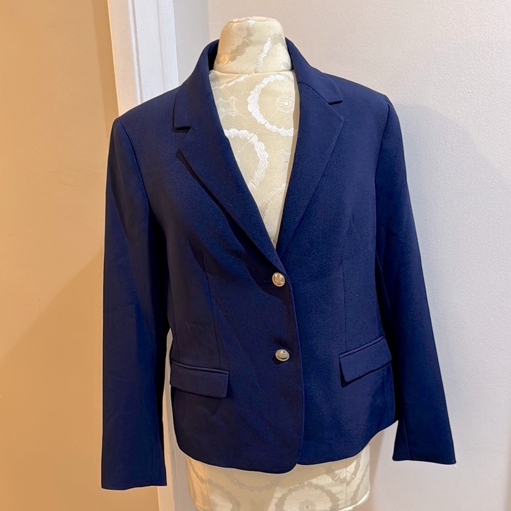 Kasper Navy Notched Collar Goldtone 2 Buttons Lined Tailored Blazer Jacket 12P